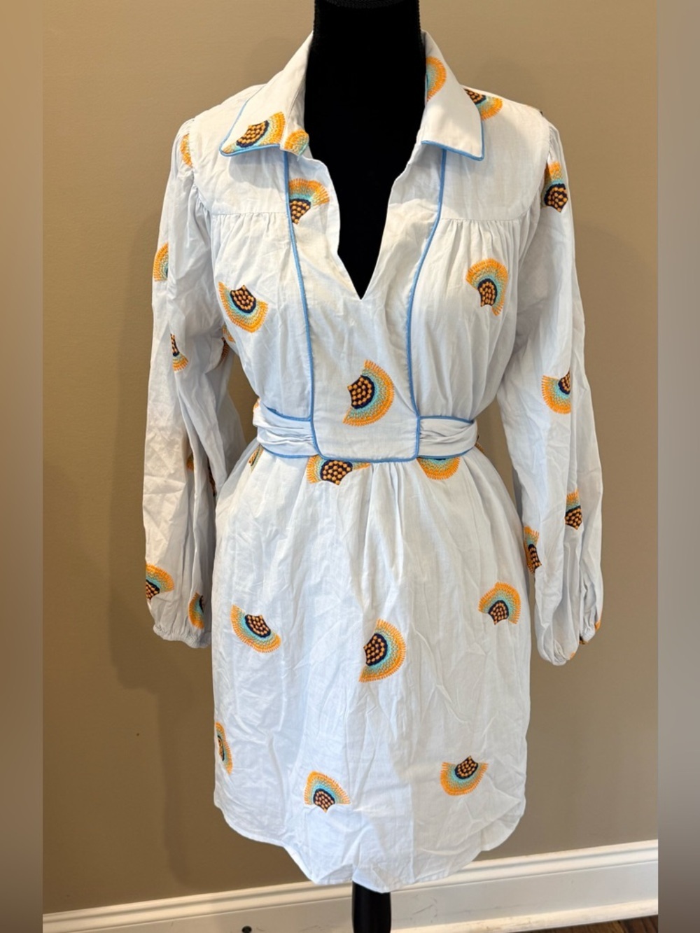 Women’s CIEBON Halliday Light Blue Embroidered long sleeve dress- Size Large - Picture 4 of 10